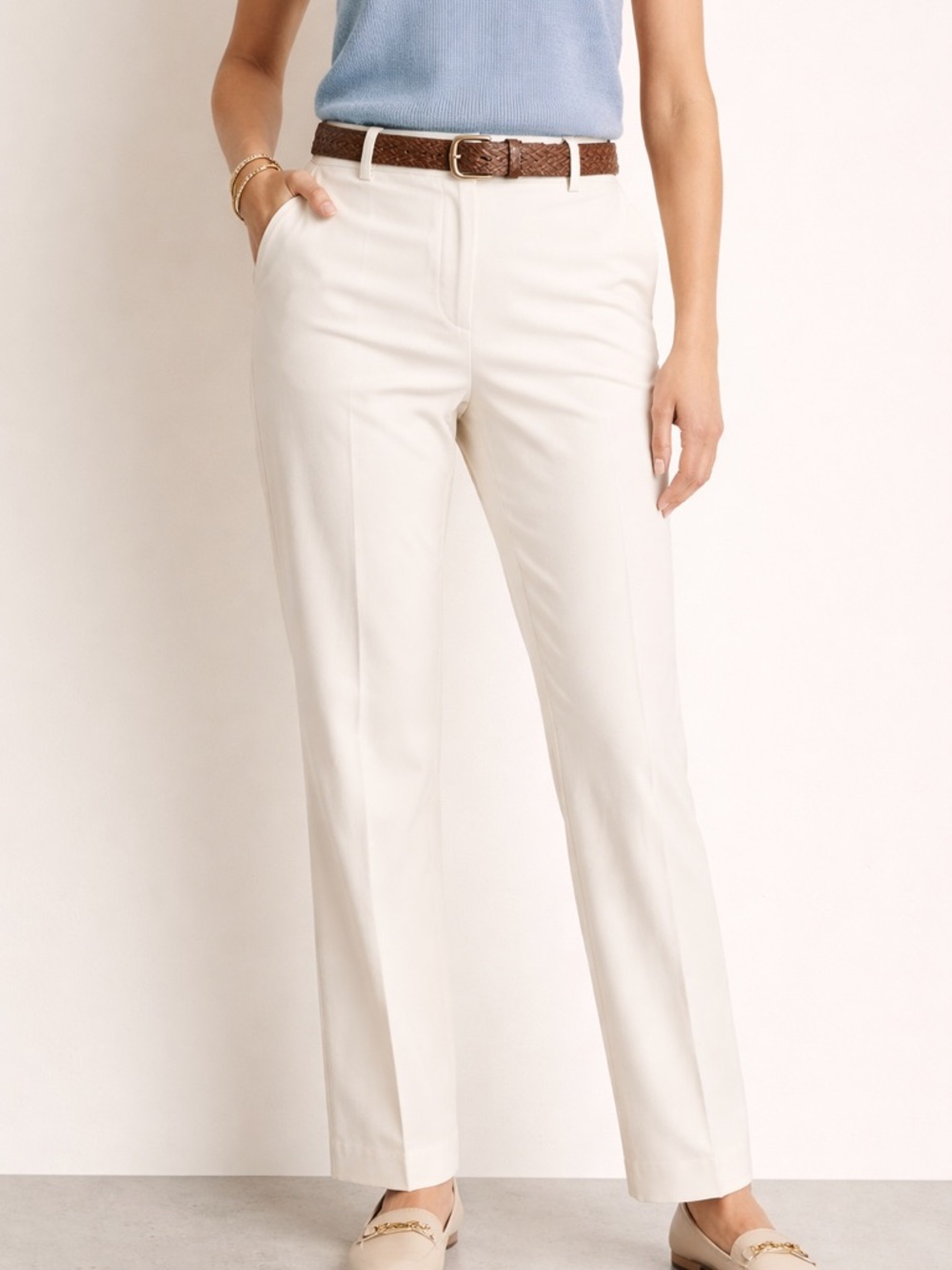 White Straight Leg Tailored Trousers Mid Rise Dress Pants Slant Pockets